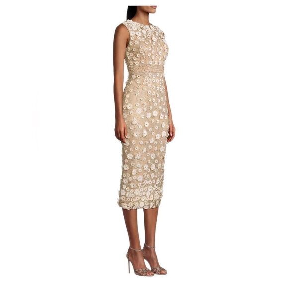 Mac Duggal Sheath Dress Floral Applique Beaded Lace Beige White Women's Size 14 - Picture 1 of 10